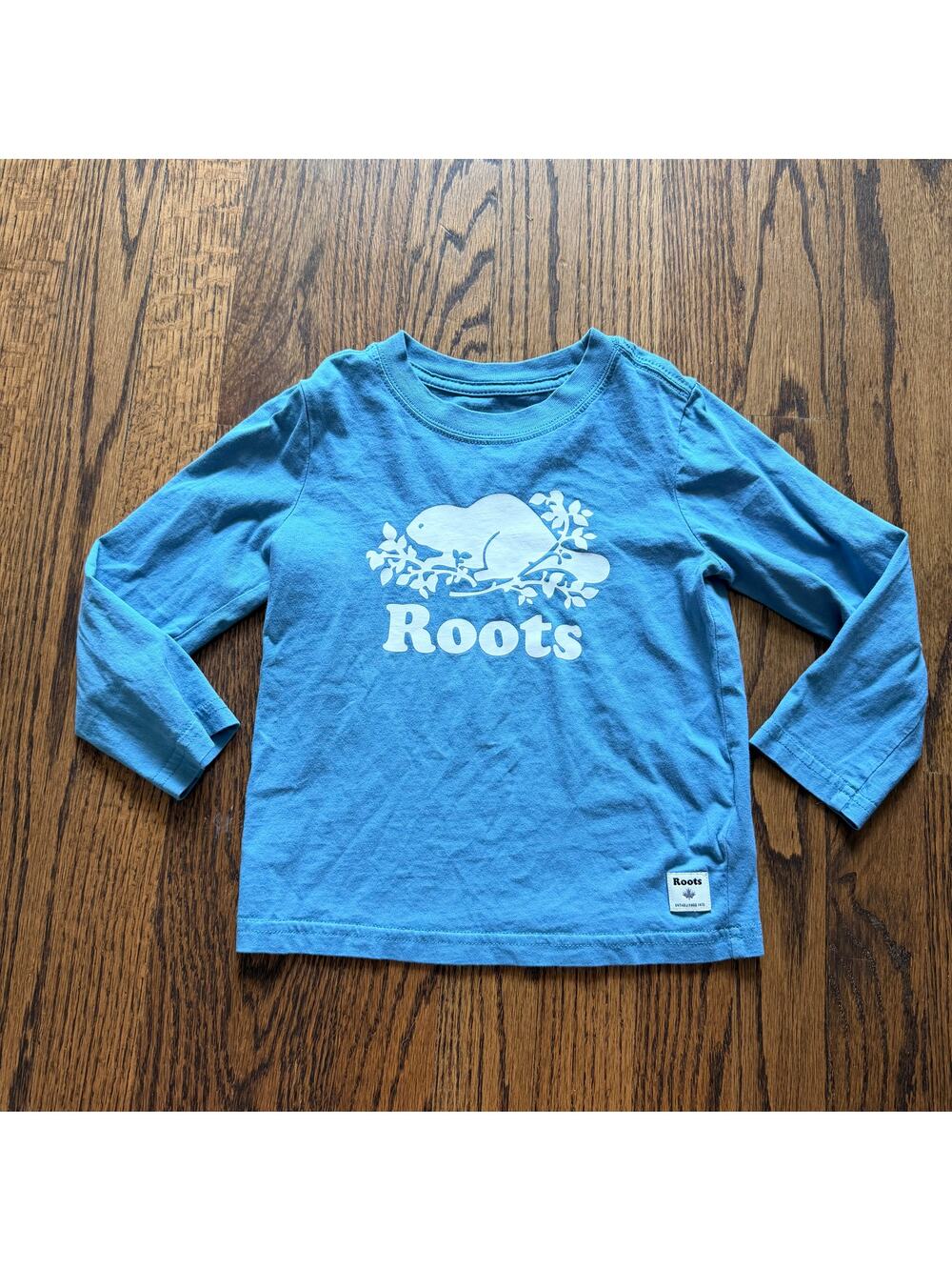Roots Canada Unisex Light Blue Logo Beaver Long Sleeve Organic Cotton Tee - 4T